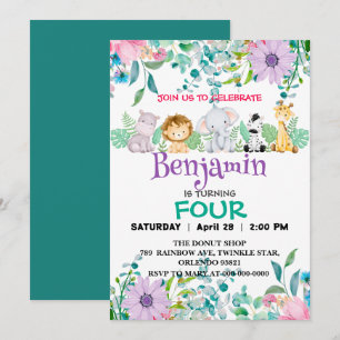 Invitation Joli zoo floral jungle Animaux Anniversaire filles