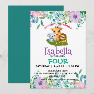 Invitation Joli Zoo jungle bébé Animaux Anniversaire Fleurs e