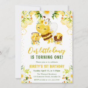 Invitation Jolie abeille à miel florale jaune pour 1er annive
