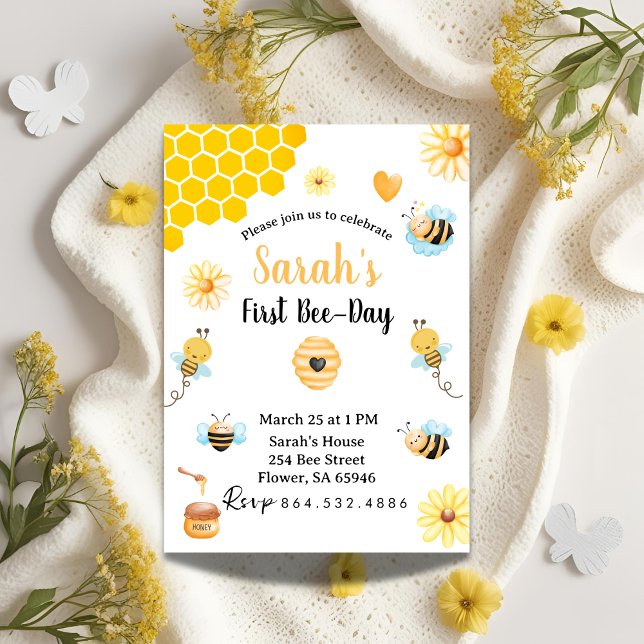 Invitation Jolie abeille et fleur jaune Premier Jour de l'abe (Créateur téléchargé)