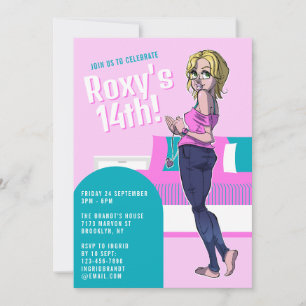 Invitation Jolie Ado de dessin rose fille 14e anniversaire