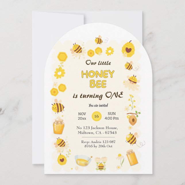Invitation Jolie adorable Miel Bee thème 1er anniversaire (Devant)