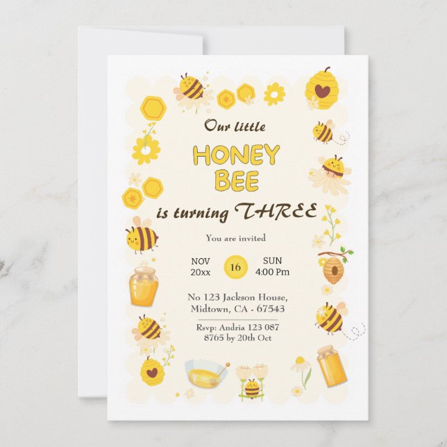 Invitation Jolie adorable Miel Bee thème 3e anniversaire (Devant)