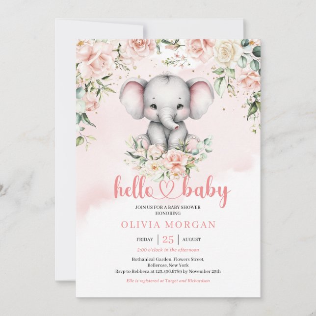 Invitation Jolie aquarelle bébé éléphant bleu floral safari (Devant)