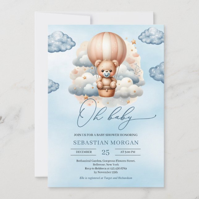 Invitation Jolie aquarelle bleu et brun ours en peluche oh bé (Devant)