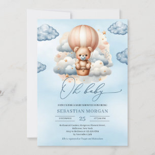 Invitation Jolie aquarelle bleu et brun ours en peluche oh bé