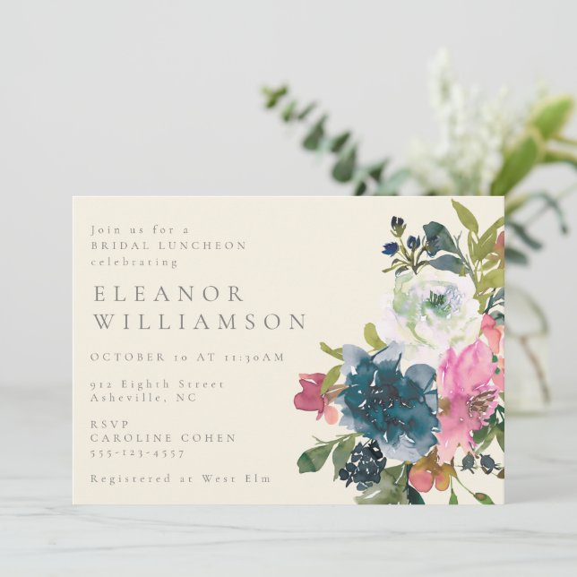 Invitation Jolie aquarelle Boho Blue Floral Bridal Luncheon (Debout devant)