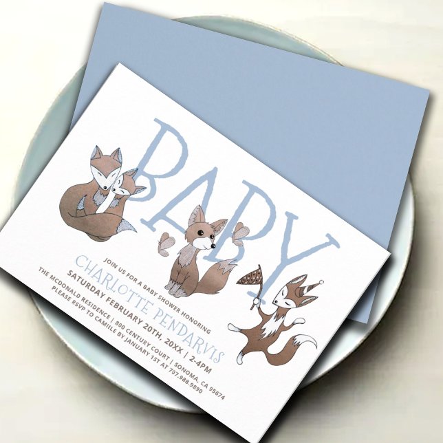 Invitation Jolie aquarelle Bois Renards Baby shower bleu (Créateur téléchargé)