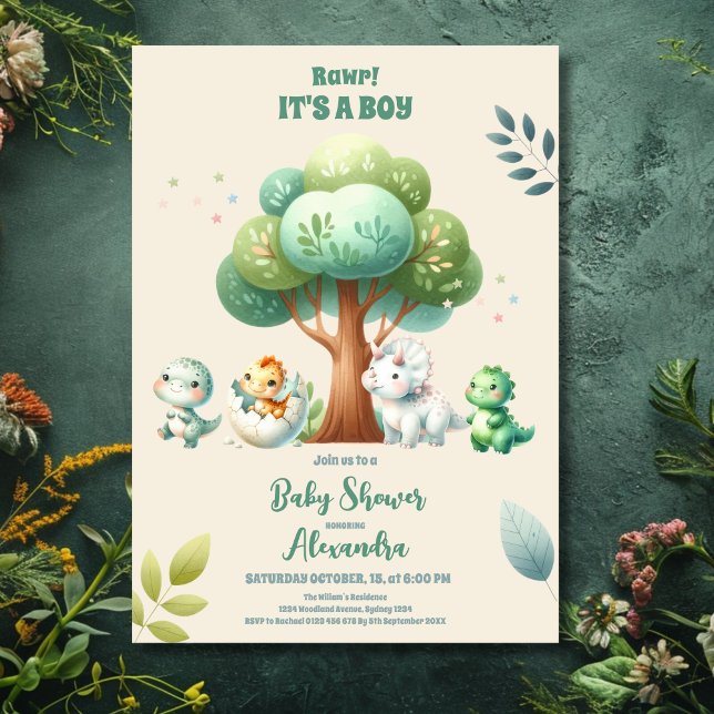 Invitation Jolie aquarelle dinosaures verdure garçon baby sho (Créateur téléchargé)