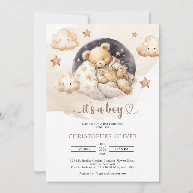 Invitation Jolie aquarelle dormant ours en peluche neutre ter (Devant)