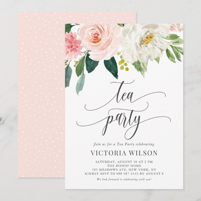Invitation Jolie Aquarelle Fleurs de Flush Gris Tea Party (Devant / Derrière)