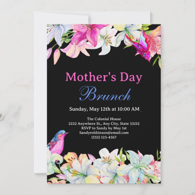 Invitation Jolie aquarelle Floral Black Fête des Mères Brunch (Devant)