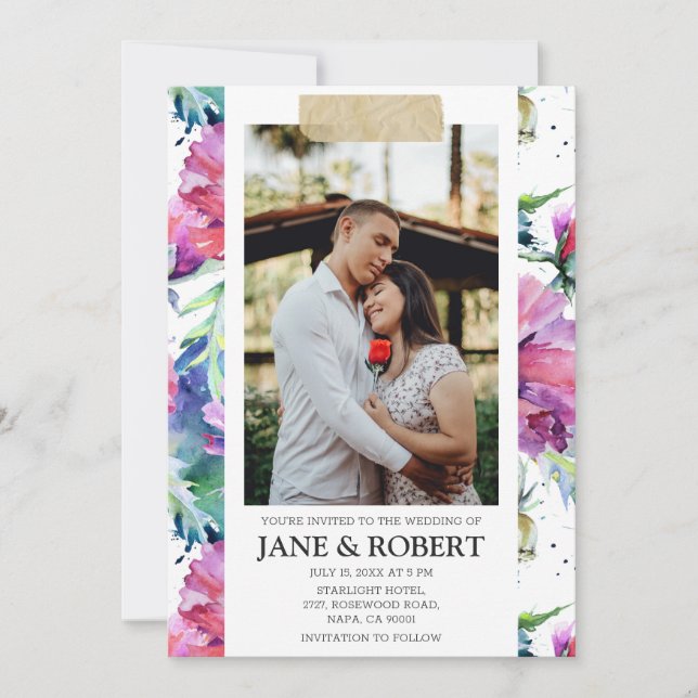Invitation Jolie aquarelle Floral Gold Bande 2 Mariage photo (Devant)