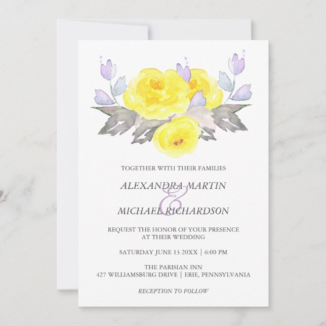 Invitation Jolie aquarelle gris jaune violet Rose Mariage (Devant)