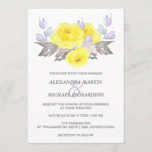 Invitation Jolie aquarelle gris jaune violet Rose Mariage