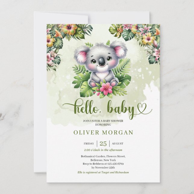 Invitation Jolie aquarelle jungle bébé koala fleurs tropicale (Devant)