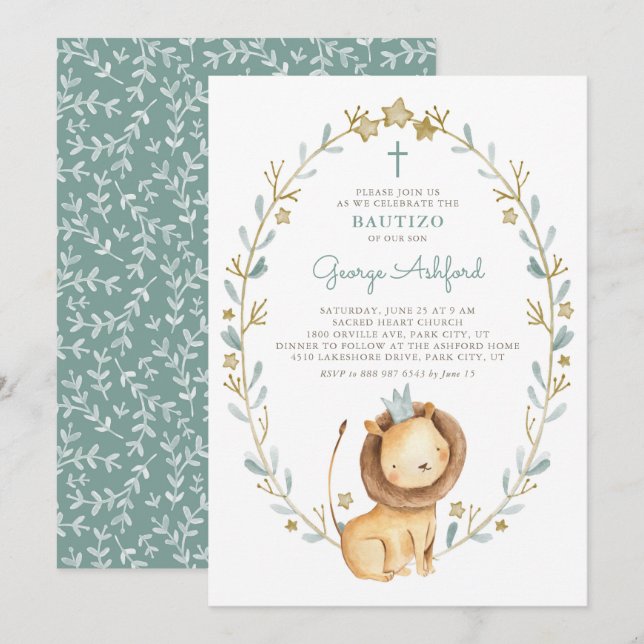 Invitation Jolie aquarelle Lion Prince Baby Boy Bautizo (Devant / Derrière)