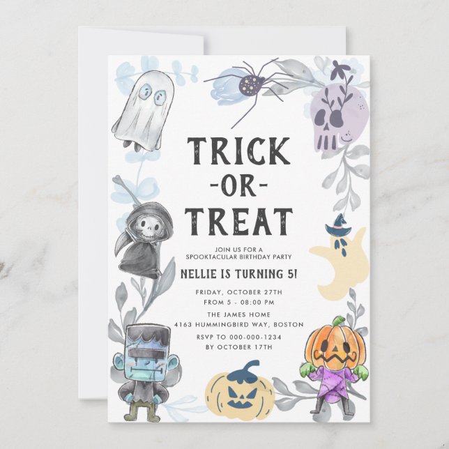 Invitation Jolie aquarelle Monstres Halloween fête d'annivers (Devant)
