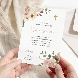 Invitation Jolie aquarelle neutre Floral   Baptême de Boho