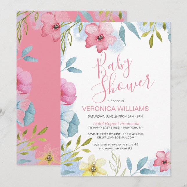 Invitation Jolie aquarelle rose Baby shower floral fille (Devant / Derrière)
