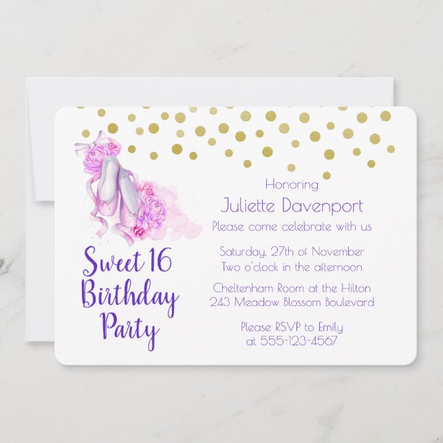 Invitation Jolie Aquarelle Rose Thème Ballet Anniversaire (Devant)
