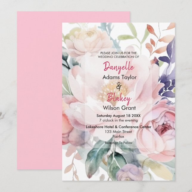 Invitation Jolie aquarelle rose violet Mariage floral (Devant / Derrière)