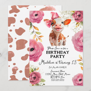 Invitation Jolie aquarelle Vache de veau Anniversaire Flores 