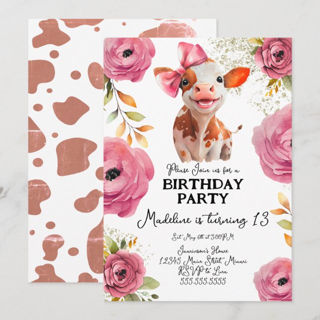 Invitation Jolie aquarelle Vache de veau Anniversaire Flores  (Devant / Derrière)