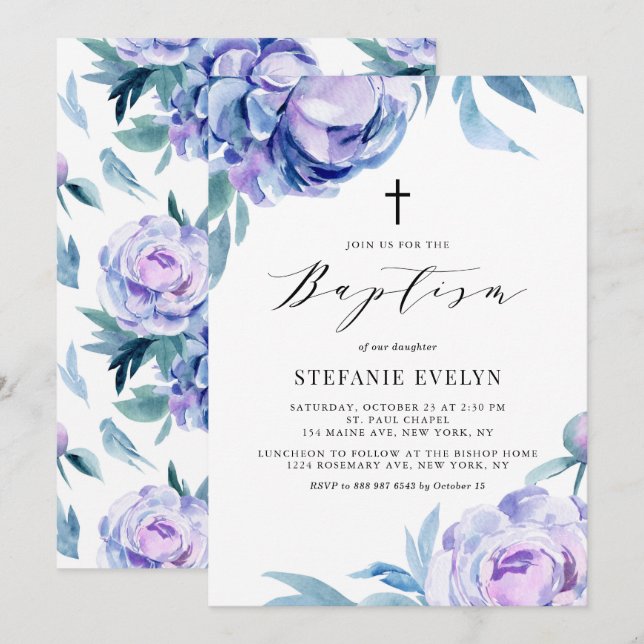 Invitation Jolie aquarelle Violet Peony Flowers Baptême (Devant / Derrière)
