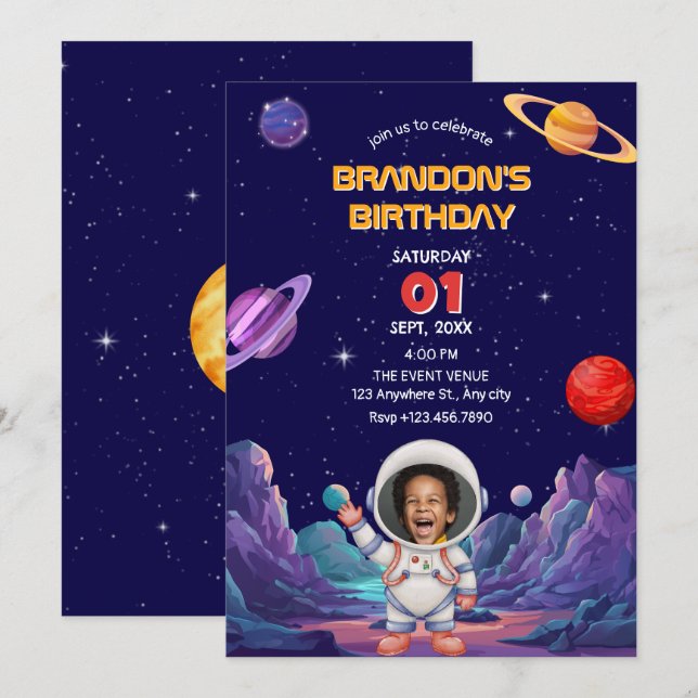 Invitation Jolie astronaute photo spatiale anniversaire (Devant / Derrière)