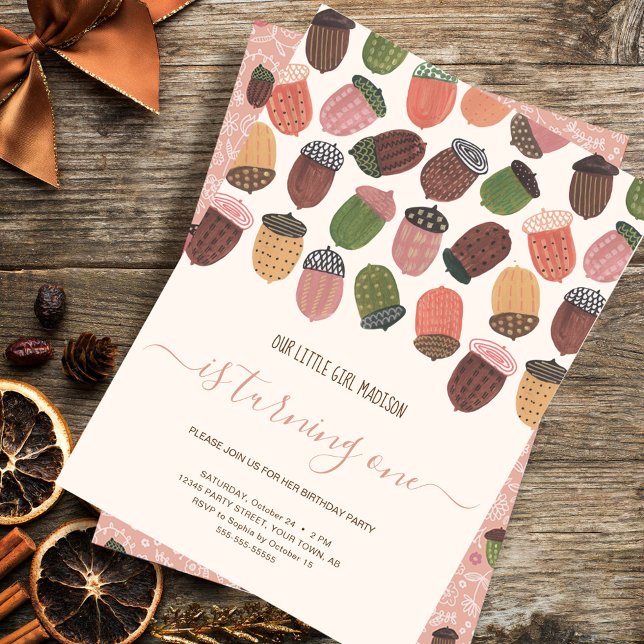 Invitation Jolie Automne Rose Acorns fille Premier anniversai (Cute Fall Pink Acorns girl First Birthday Party Invitation)