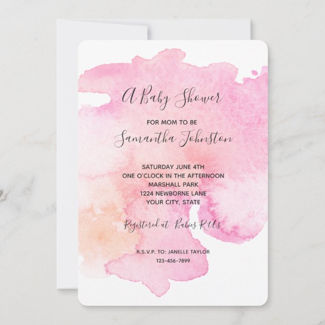 Invitation Jolie Baby-Shower Aquarelle Rose Pêche (Dos)