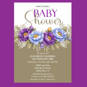 Invitation Jolie Baby Shower Fille aux Pivoines Bleues et Vio