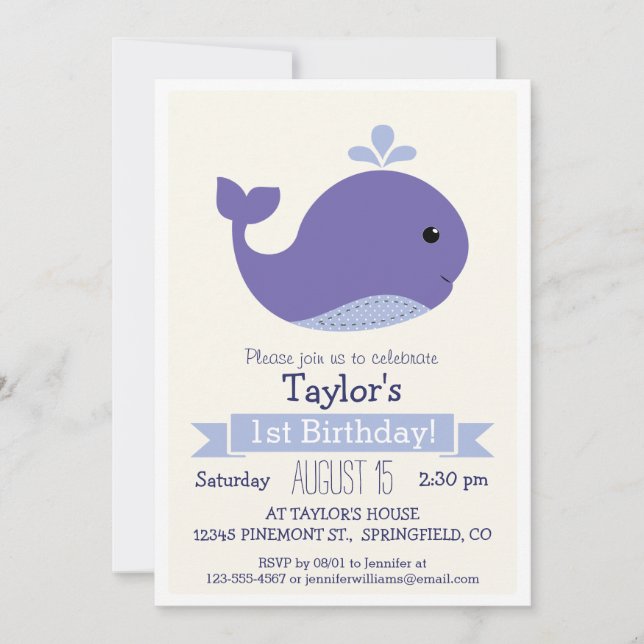 Invitation Jolie baleine violette fête d'anniversaire des enf (Devant)