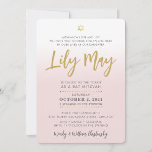 Invitation JOLIE Bat mitzvah rose pâle or élégant script