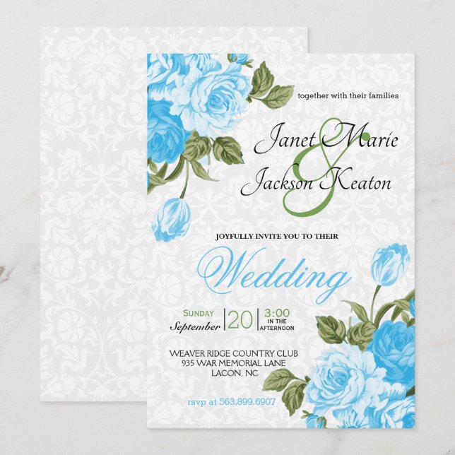 Invitation Jolie Bébé Bleu Fleurs de Mariage (Devant / Derrière)