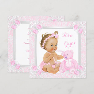 Invitation Jolie Bébé Fille Shower Rose Ours Broderie Blonde 
