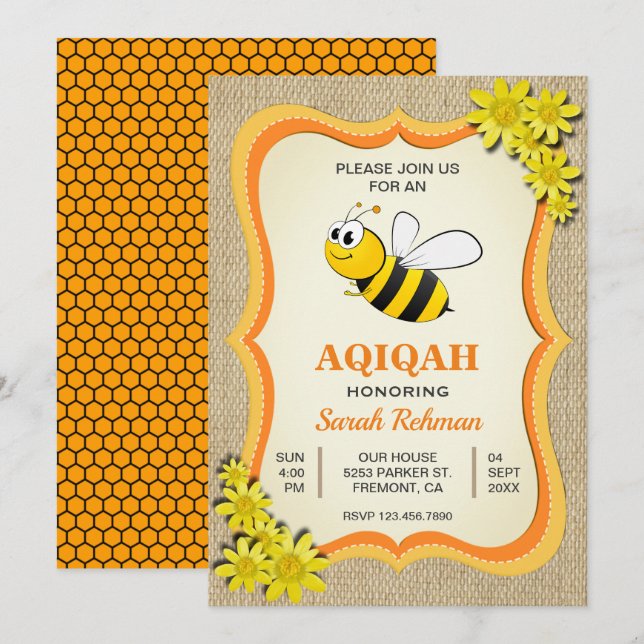 Invitation Jolie Bee Bee Baby Girl Aqiqah (Devant / Derrière)