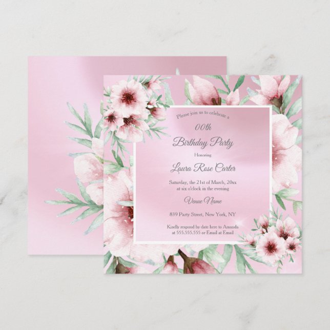 Invitation Jolie Blush rose blanc floral fête d'anniversaire (Devant / Derrière)