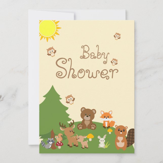 Invitation Jolie Bois Animaux Baby shower Jaune Soleil (Devant)