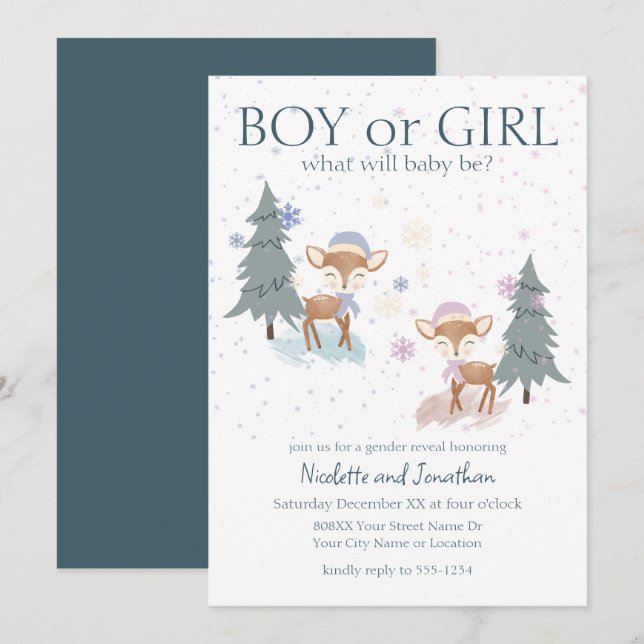 Invitation Jolie Bois Cerf Hivernal Bébé Genre Révélation (Devant / Derrière)