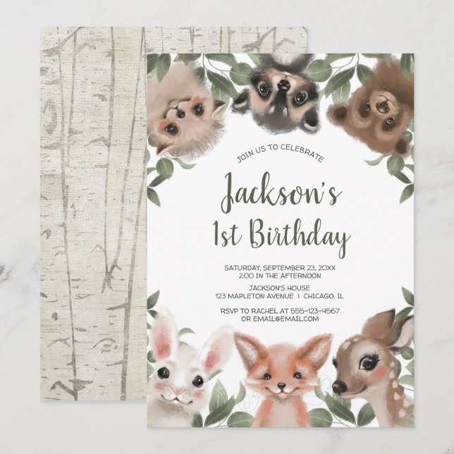 Invitation Jolie boisée animaux garçons 1ère fête d'anniversa (Devant / Derrière)