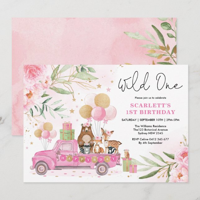 Invitation Jolie boisée rose Une fille 1er anniversaire (Devant / Derrière)