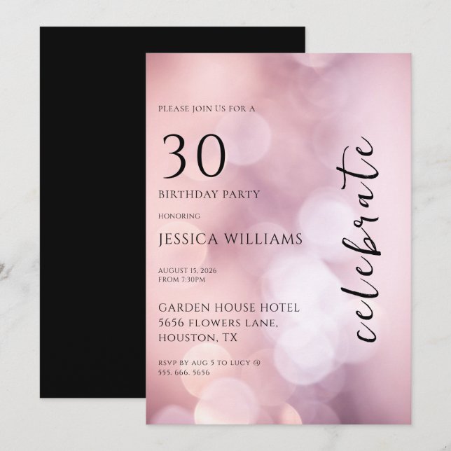 Invitation Jolie Bokeh rose fête du 30e anniversaire (Devant / Derrière)