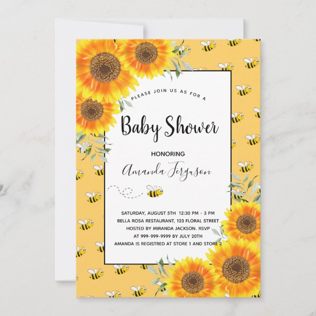 Invitation Jolie bosse abeille baby shower tournesol jaune (Devant)