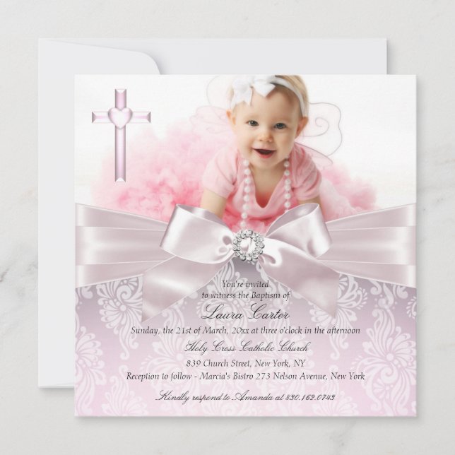 Invitation Jolie Bow & Cross Photo Baptême / Christening Rose (Devant)