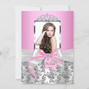 Invitation Jolie Bow en argent rose et photo Rose Quinceanera