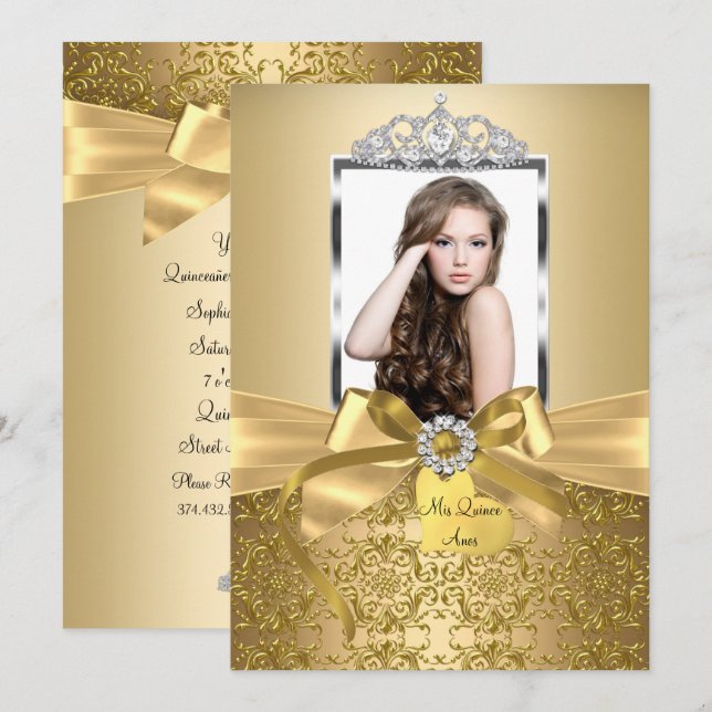 Invitation Jolie Bow Or & Tiara Quinceanera (Devant / Derrière)