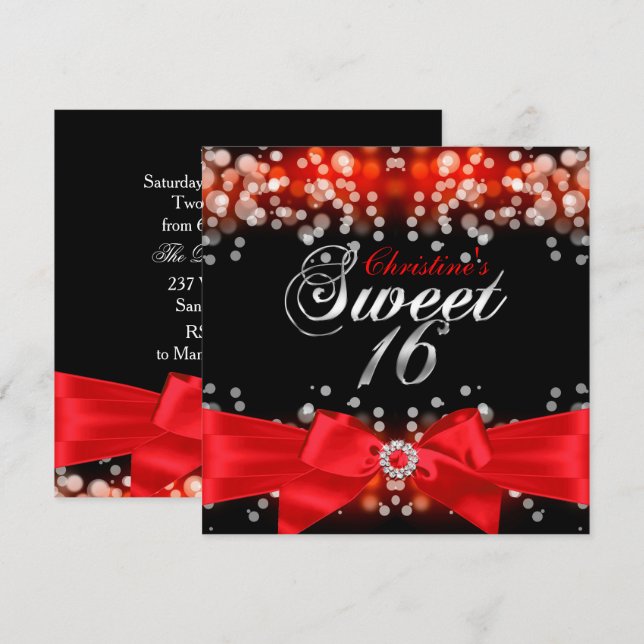 Invitation Jolie Bow rouge et Sweet sixteen étincelant Invita (Devant / Derrière)