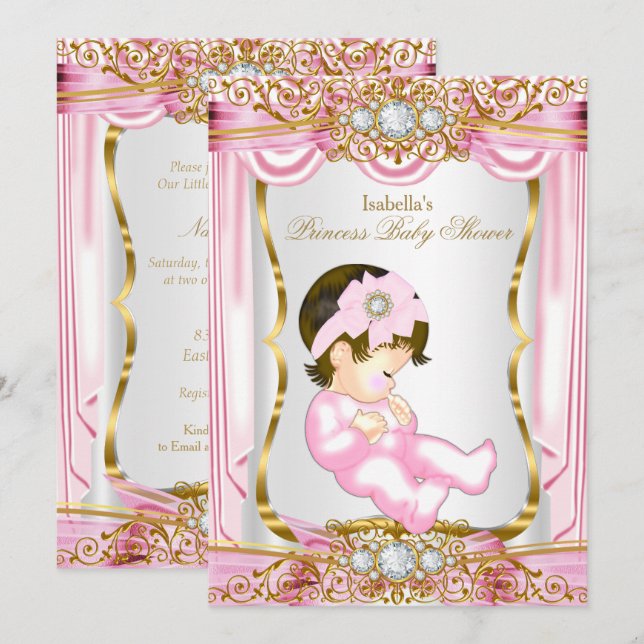 Invitation Jolie Brunette Princess Baby shower Soie rose (Devant / Derrière)